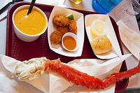 Fresh king crab leg, crab bisque, crab fritters